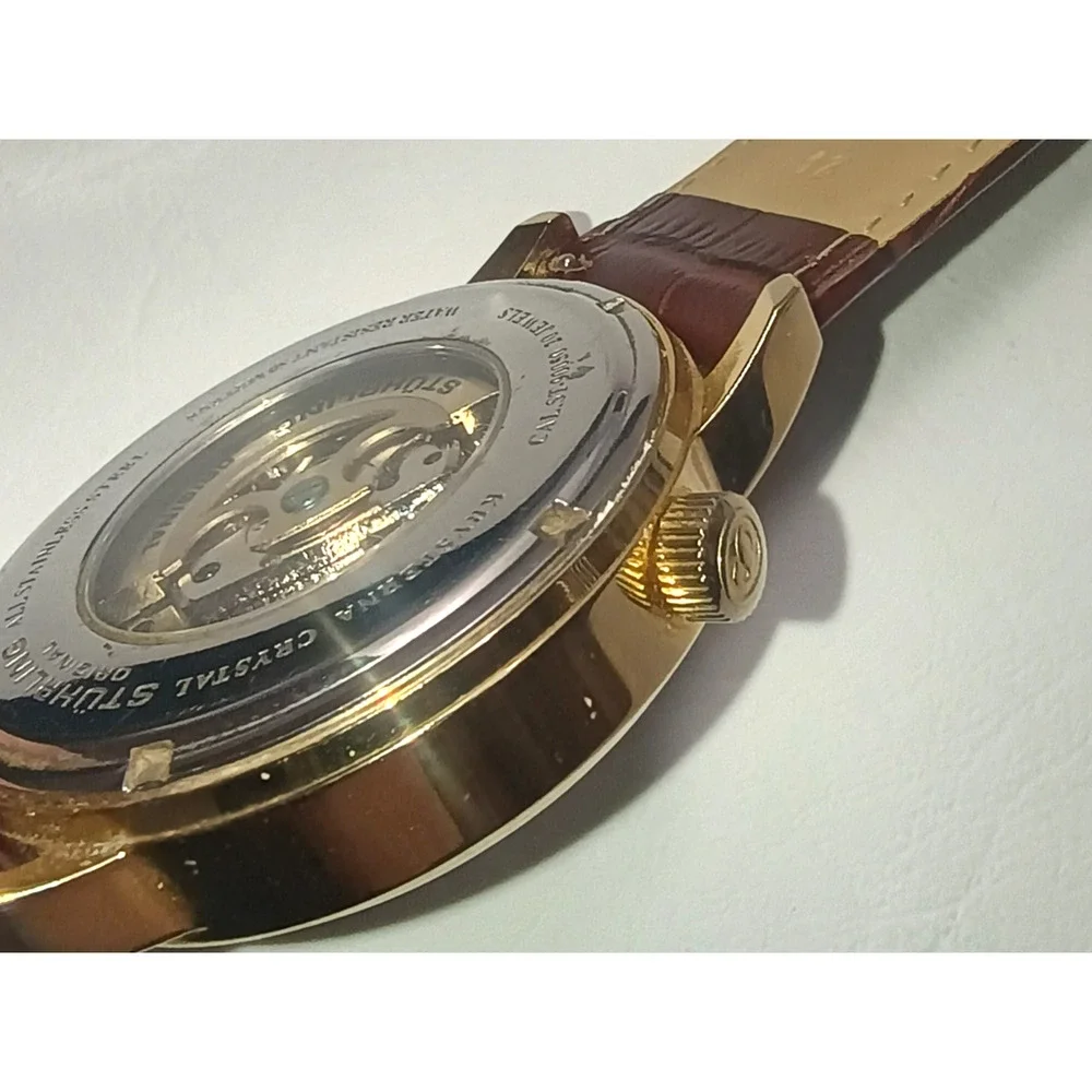 Stuhrling Delphi Oracle 107BG Automatic 44mm Skeleton Watch Gold toned Leather - Picture 8 of 16
